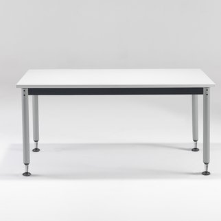 Mobile Versatilis table complete with dual locking jewel casters, silver legs and white veneer top