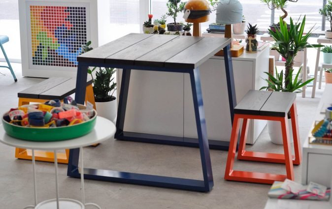 Muzo's Block table and bench with colorful leg design