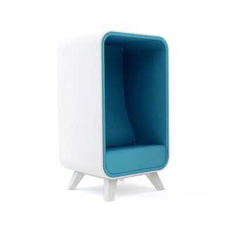 Box Lounger sound proof pod for one with blue upholstery and wooden legs