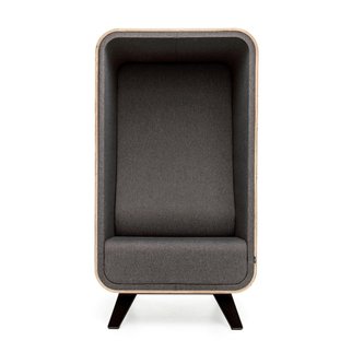 Box Lounger sound proof pod for one with grey upholstery and wooden legs