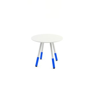 Small white Daywalker side table with playful blue legs