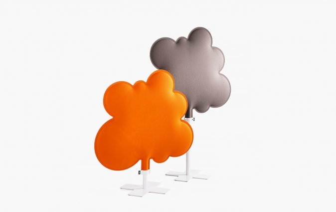 Two Muzo Woodland sound absorbing divider shown in orange and grey