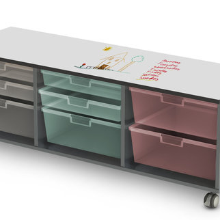 Low, triple width Stash unit with writable surface